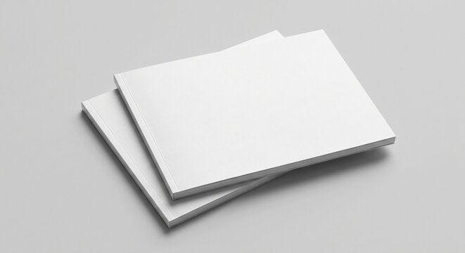 Two softcover booklets stacked askew on a light grey surface, blank white covers with fine paper texture and realistic drop shadows.