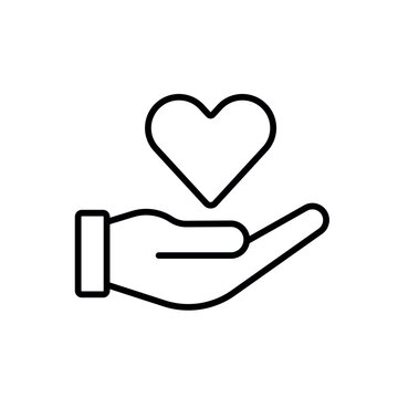 Patient support icon with hand and heart, line vector icon with editable stroke.