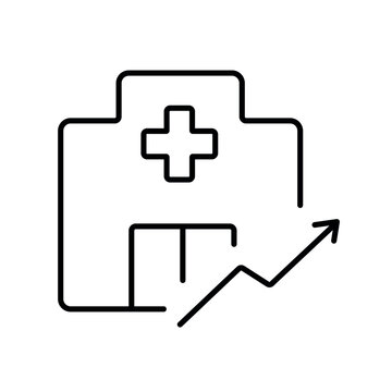 A vector icon representing clinic performance and healthcare growth with an upward trend, created in line style with editable stroke.