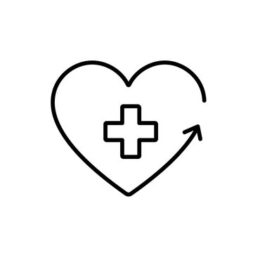 Recovery process icon with heart, medical cross and upward arrow, line vector icon with editable stroke.