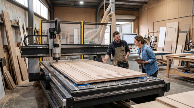 Fabrication Professionals Demonstrating CNC Cutting for Building Panels