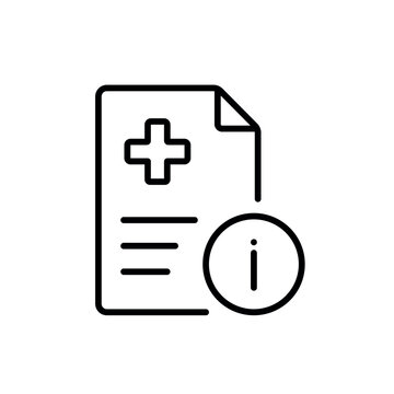 Diagnosis explanation icon with medical document and information symbol, line vector icon with editable stroke.