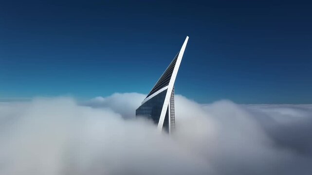 Futuristic sharp architectural skyscraper peak rising above a thick layer of soft white clouds 4K Generative AI