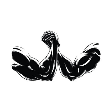 Vector illustration of two muscular arms locked in an arm wrestling match.