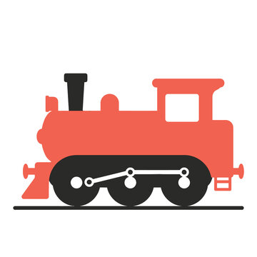 Red vintage toy steam locomotive train with black wheels moving on tracks suitable for children book illustrations retro transit designs and nostalgic graphics.