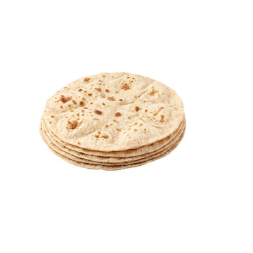 Stack of five round soft chapati flatbreads with brown toasted spots served on a round wooden board, isolated on transparent background