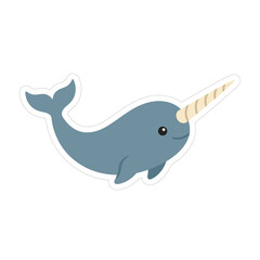 Cute narwhal sticker illustration with blue body and ivory tusk for nursery decor or children stationery design isolated on transparent background for projects. © Rubab
