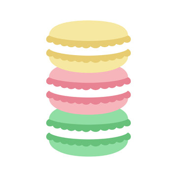 Three stackable colorful macarons with pastel yellow pink and green shades isolated on transparent background perfect for confectionery or dessert design menus.