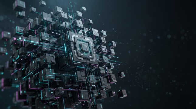 Central processor form surrounded by modular cubes and luminous signals. AI generative
