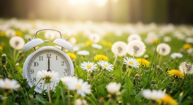 White alarm clock sitting in a field of dandelion flowers and daisies during a sunny spring day