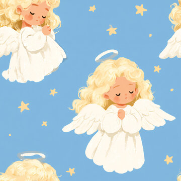 Cute angels with wings and halos among stars in a seamless repeat pattern. Retro vintage illustration for print and surface design. Heavenly nursery decor and whimsical children?s art