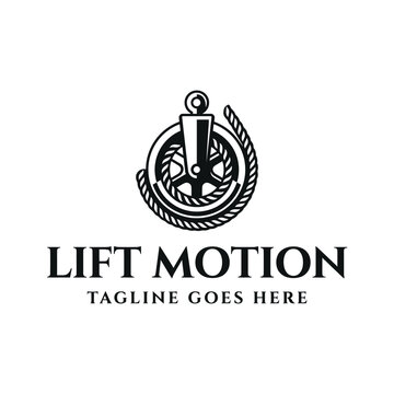 pulley wheel with coiled rope for industrial crane hoist mechanical lifting equipment maritime engineering logo design