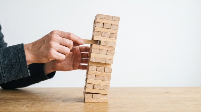 Business strategy concept, close up of a man's hand carefully pulling out a wooden block from a leaning Jenga tower to demonstrate risk management and balance in corporate