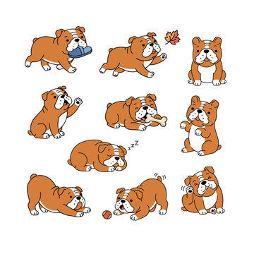 Cute bulldog puppy vector sticker set. Playful joyful purebred dog cartoon mascot. Kids clothing pet care design.