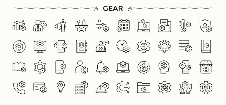 Gear icon set. Modern vector illustration. Includes symbols for work, repair, tech, technician, service, repair. Art and illustration. Fix icon set.