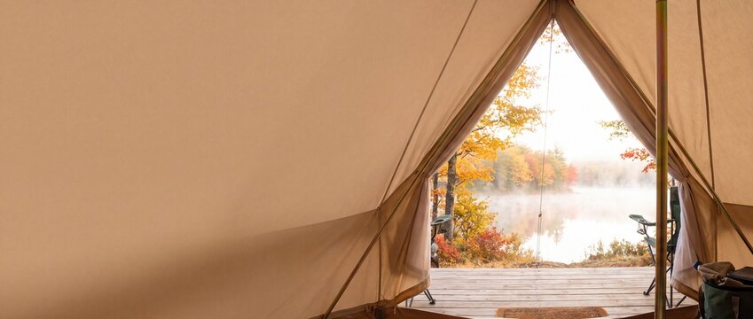 Peaceful glamping retreat inside a canvas bell tent looking out onto a misty lakeside deck with autumn foliage and camping chairs