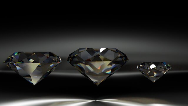 3D render of three realistic dark diamonds on a polished metallic surface with reflections