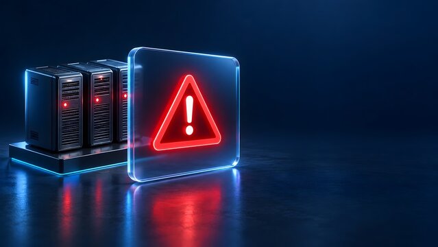 Bright red neon warning triangle on a glass panel next to server racks symbolizing cloud network error and database security breach