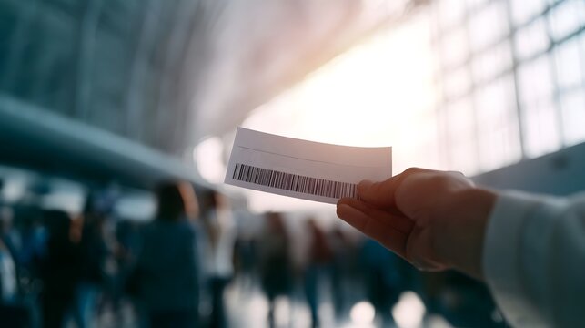 A hand holds a ticket with a barcode in a bright  modern transit station with blurred background