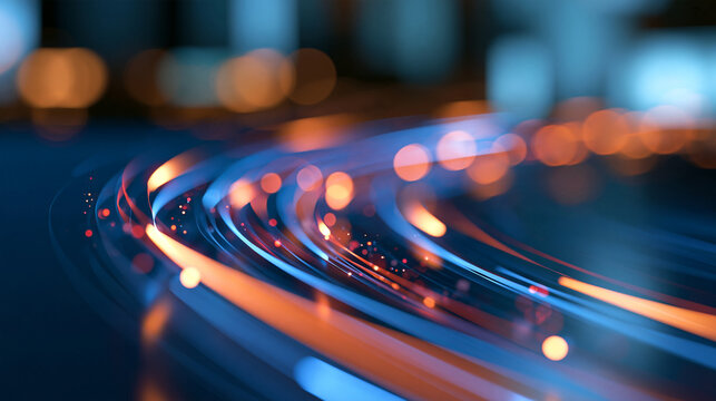 Colorful light streaks and particles in an abstract digital space, with copy space