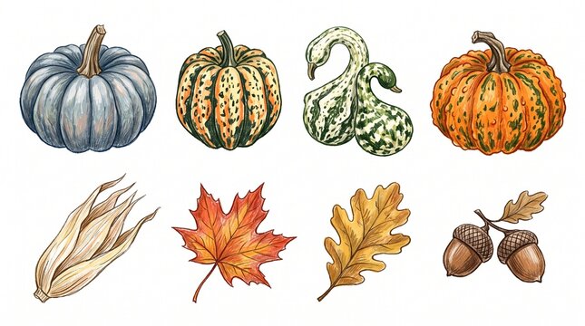 Christmas celebration harvest set with pumpkins gourds autumn leaves
