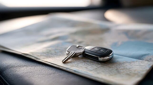 A car key fob rests on a folded map  suggesting travel or navigation with soft natural lighting and a shallow depth of field