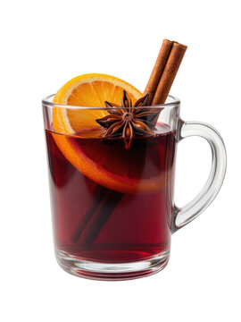 Mulled wine in a glass mug with orange slice and spices, isolated on transparent background