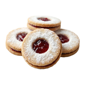 Linzer cookies with jam and powdered sugar, isolated on transparent background
