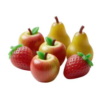 Marzipan fruits shaped like apples pears and strawberries, isolated on transparent background