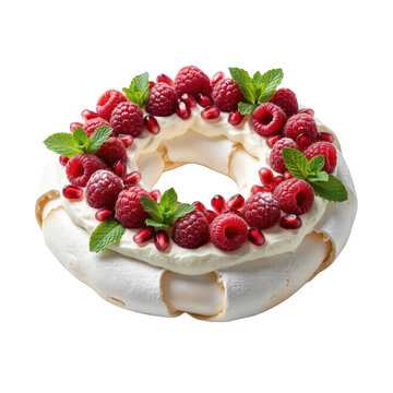 Pavlova wreath with raspberries pomegranate and mint, isolated on transparent background