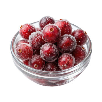 Sugared cranberries in a glass bowl, isolated on transparent background