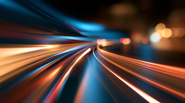 Abstract light trails streaking forward on a dark road, with copy space