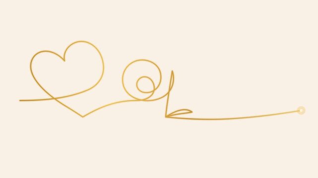 A single continuous gold line draws a heart, a rose and a flowing stroke on cream paper, then a soft pink blush fills the rose and Love with Happy Valentine&rsquo;s Day writes on.
