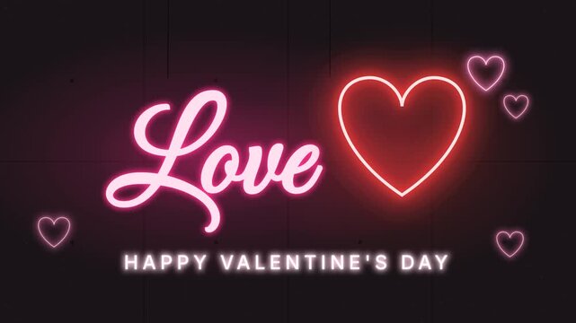 Pink neon Love script and a red neon heart flicker on over a dark concrete wall, followed by small neon hearts and a glowing Happy Valentine&rsquo;s Day line with a beating heart.