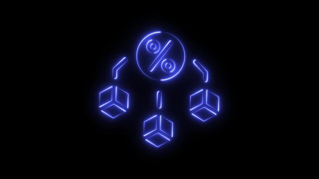Glowing blue neon percentage sign with three connected cubes representing discount and product distribution