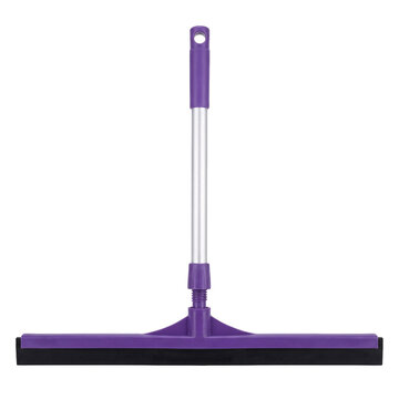 Purple floor squeegee with a long aluminium handle, a hanging loop, a wide T-shaped head and a black rubber blade, isolated on transparent background