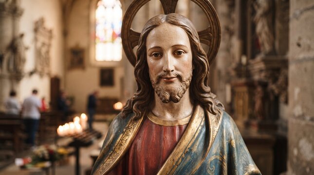 Painted statue of Jesus Christ with golden halo, long hair, beard and blue and red robe with gold trim in a church, stained glass window and votive candles behind, religion and faith, copy space