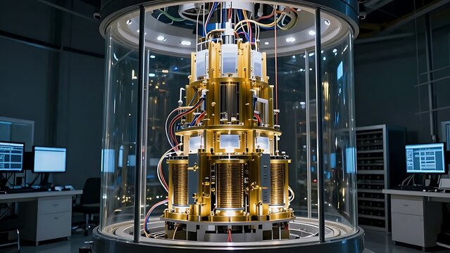 A high tech quantum computer cryostat mainframe with golden wiring and advanced cooling systems operating inside a secure laboratory control room environment for cutting-edge scientific research.