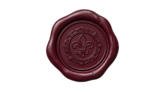 Burgundy wax seal stamp with fleur de lis emblem, isolated on transparent background