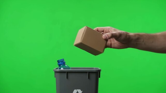 Hand putting plastic bottle and cardboard box into recycling bin