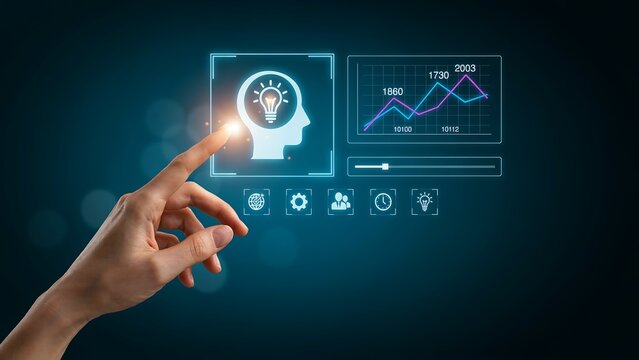 Digital transformation concept with glowing human head and business growth graph