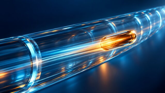 Glowing orange digital capsule speeding through a transparent glass pipeline with blue light representing hyperloop technology and data transfer