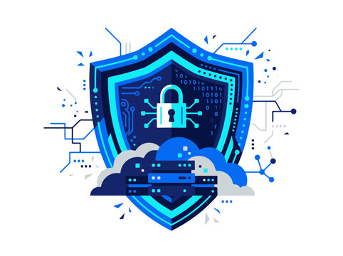 Data Security Shield Illustration Protecting Cloud Server Infrastructure with Encryption and Digital Network Connections
