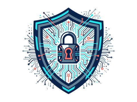 Cyber Security Shield Illustration with Padlock and Circuit Board for Digital Data Protection Concept