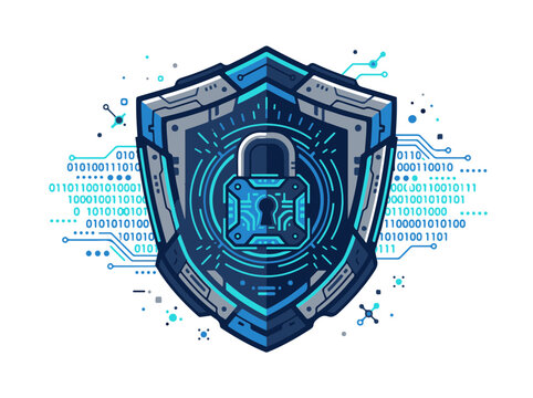 Cybersecurity Shield Padlock Illustration with Flowing Binary Code Representing Robust Digital Data Protection and Internet Security Solutions