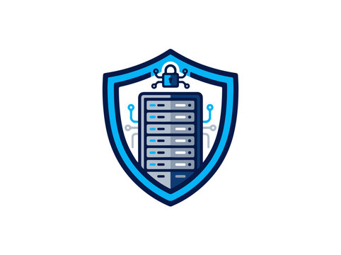 Data Security Shield Icon Illustrating a Protected Server Rack with a Padlock and Circuit Elements Symbolizing Robust Network Infrastructure