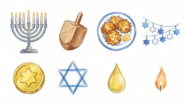 Hanukkah celebration with menorah dreidel latkes and star decorations