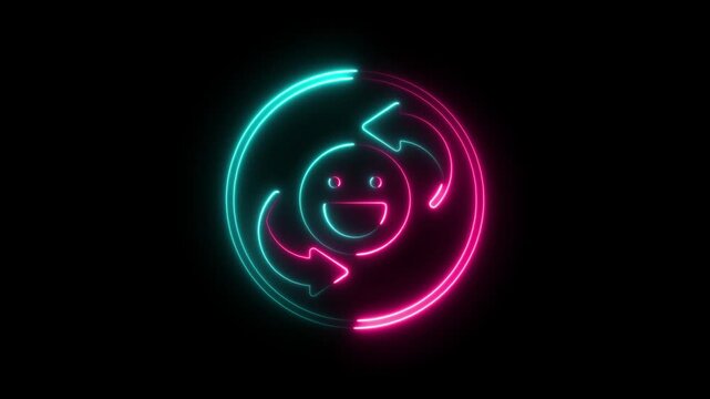 Neon glowing happy face icon with circular arrows showing customer satisfaction feedback and positive experience