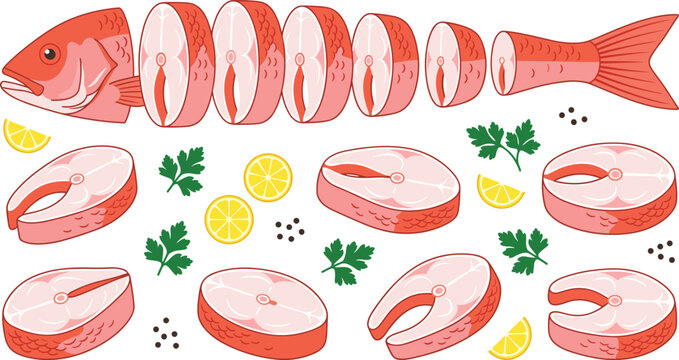 Fresh red snapper fish cooking set vector illustration featuring raw whole sliced fish steaks fillet sections lemon slices parsley herbs and peppercorns isolated on white background