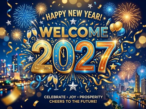Welcome 2027 Happy New Year Celebration. For New Year greeting cards, seasonal advertising campaigns, party invitations, event posters, social media graphics, digital banners, holiday promotions 